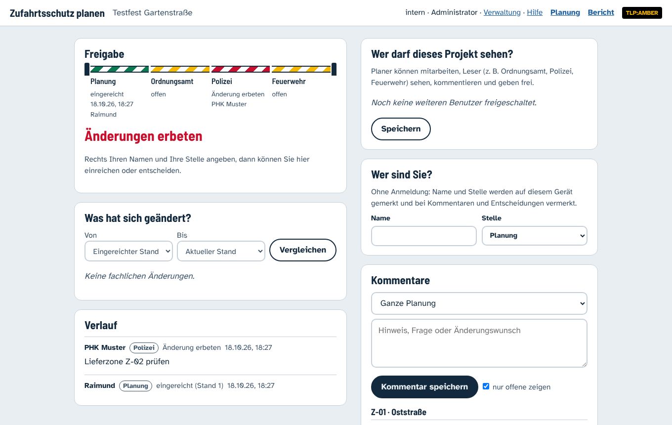 Abstimmungsseite mit Freigabeschritten, Änderungen, Verlauf und Kommentaren