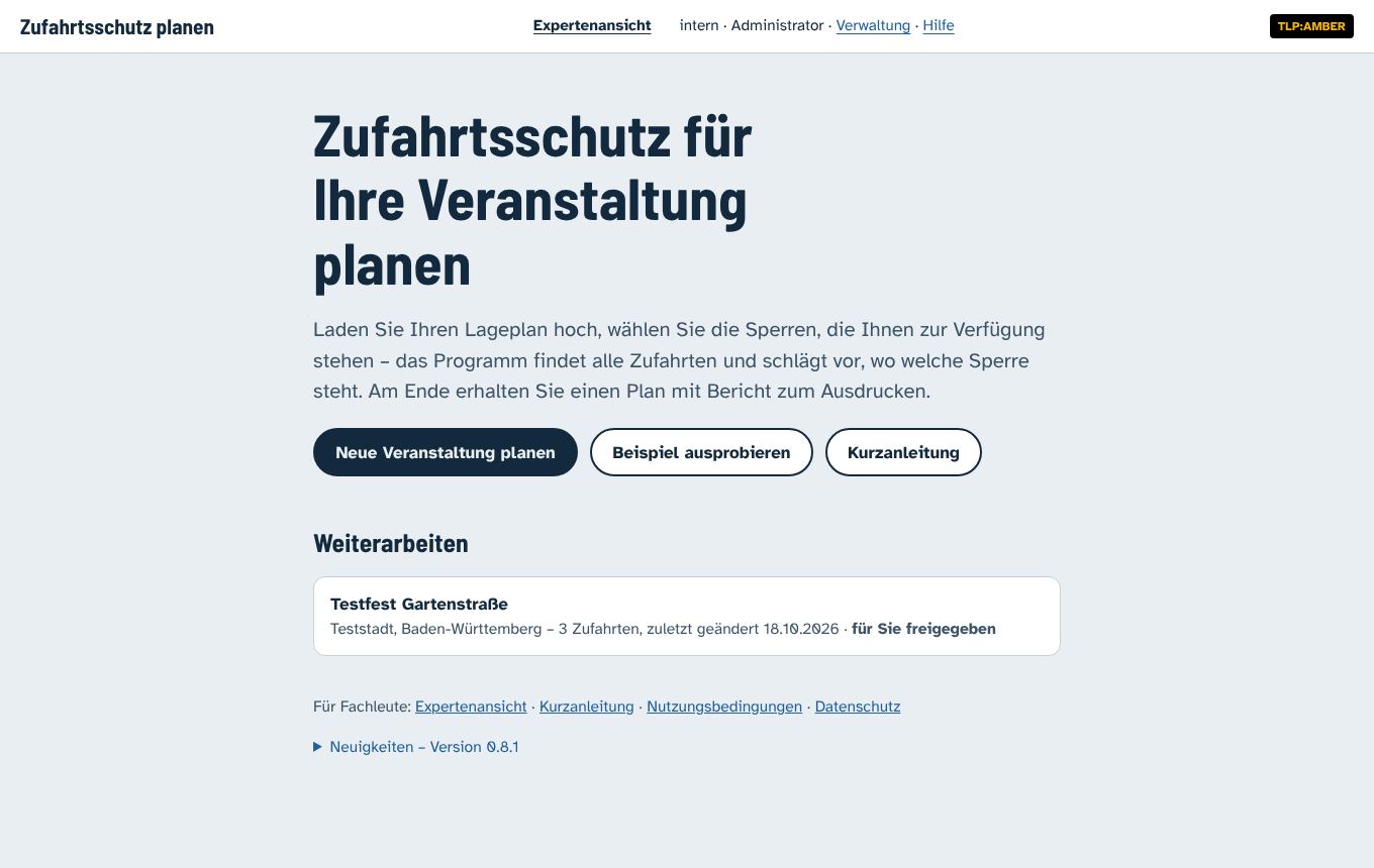 Startseite mit den Knöpfen Neue Veranstaltung planen, Beispiel ausprobieren und Kurzanleitung