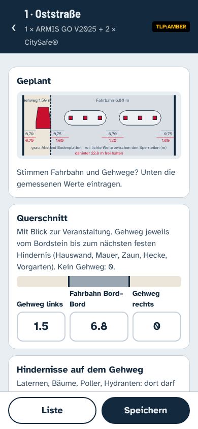 Handy-Ansicht zum Erfassen von Querschnitt, Hindernissen und Gefälle